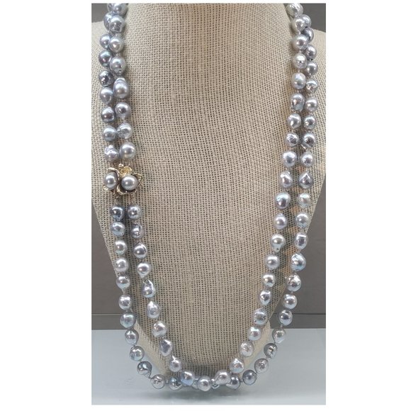 2 Strand Grey South Sea Baroque Saltwater Pearl 14k Yellow Gold Necklace 101g - Picture 3 of 7